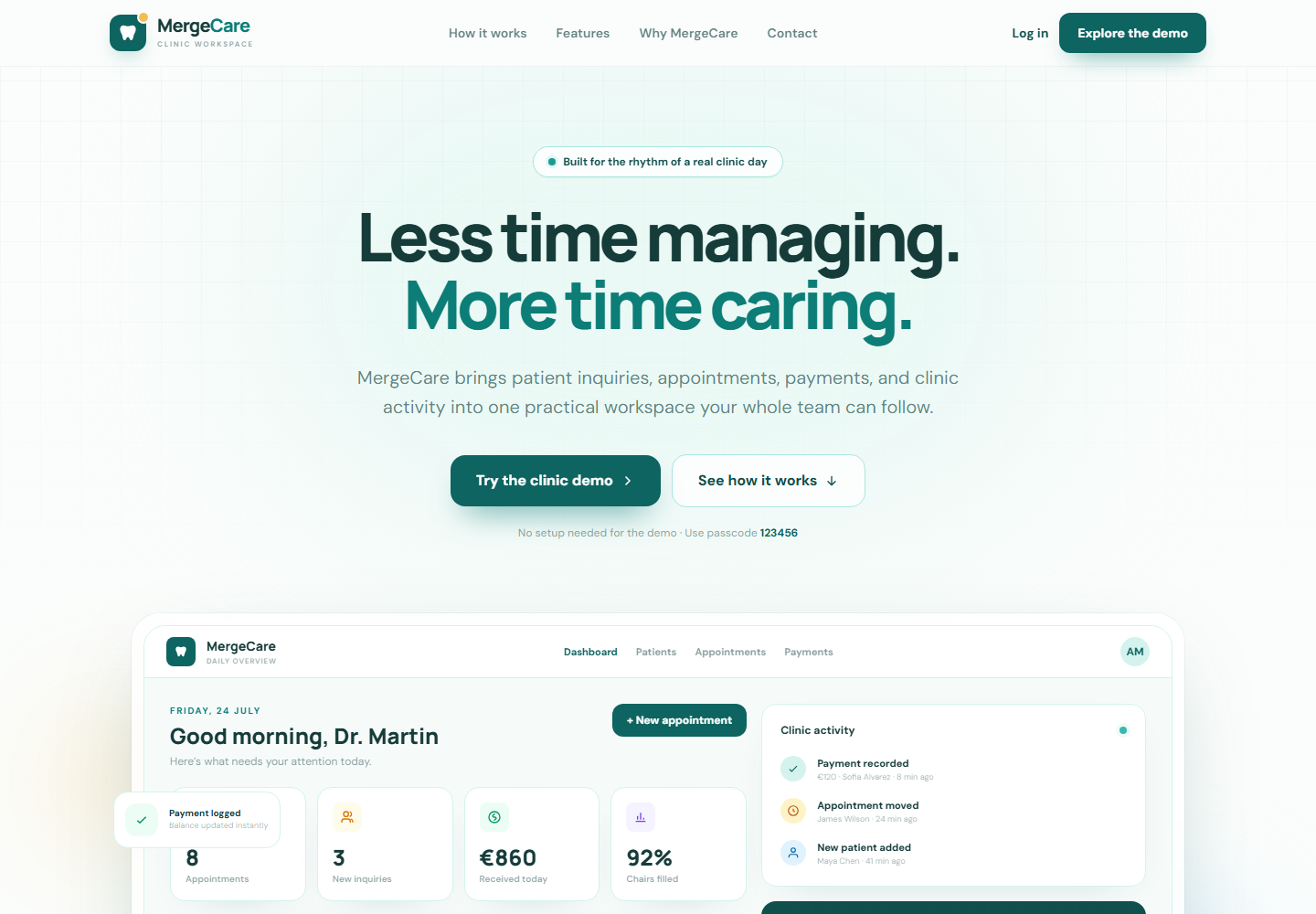 MergeCare dental clinic workspace showing appointments, patients, payments and daily activity