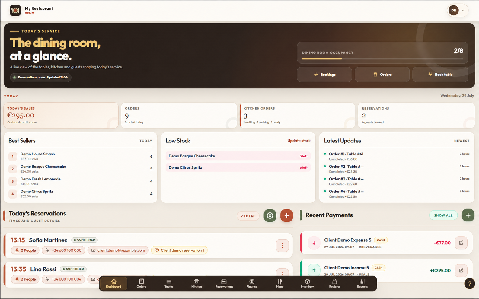 Merge restaurant platform bringing service, reservations, kitchen and finances together