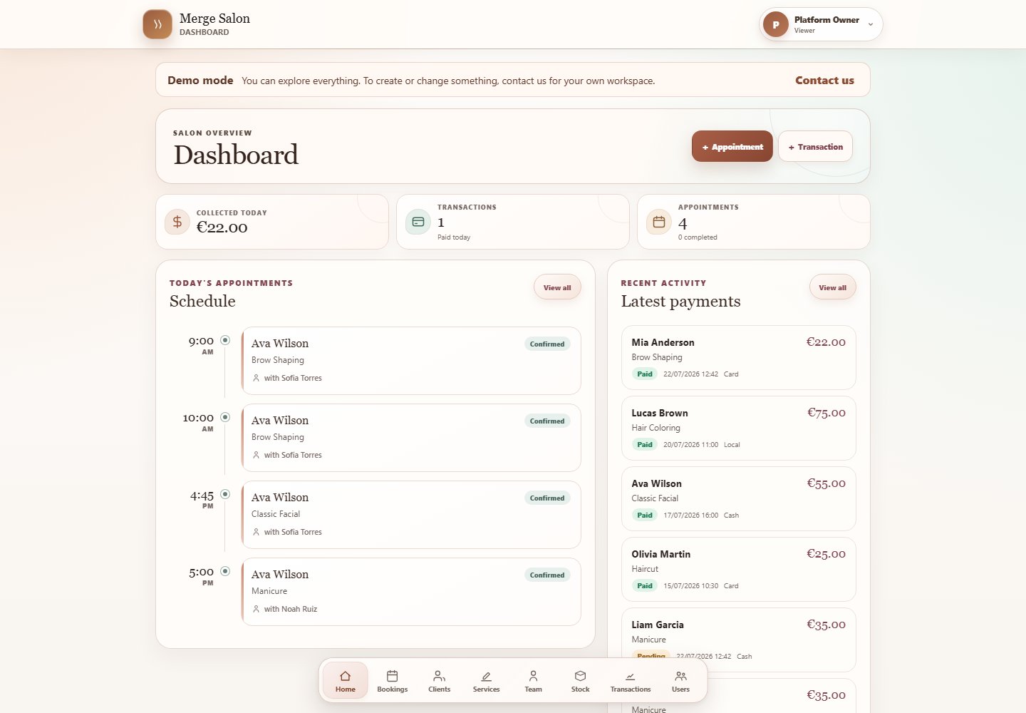 Merge Salon dashboard showing appointments, revenue and recent payments
